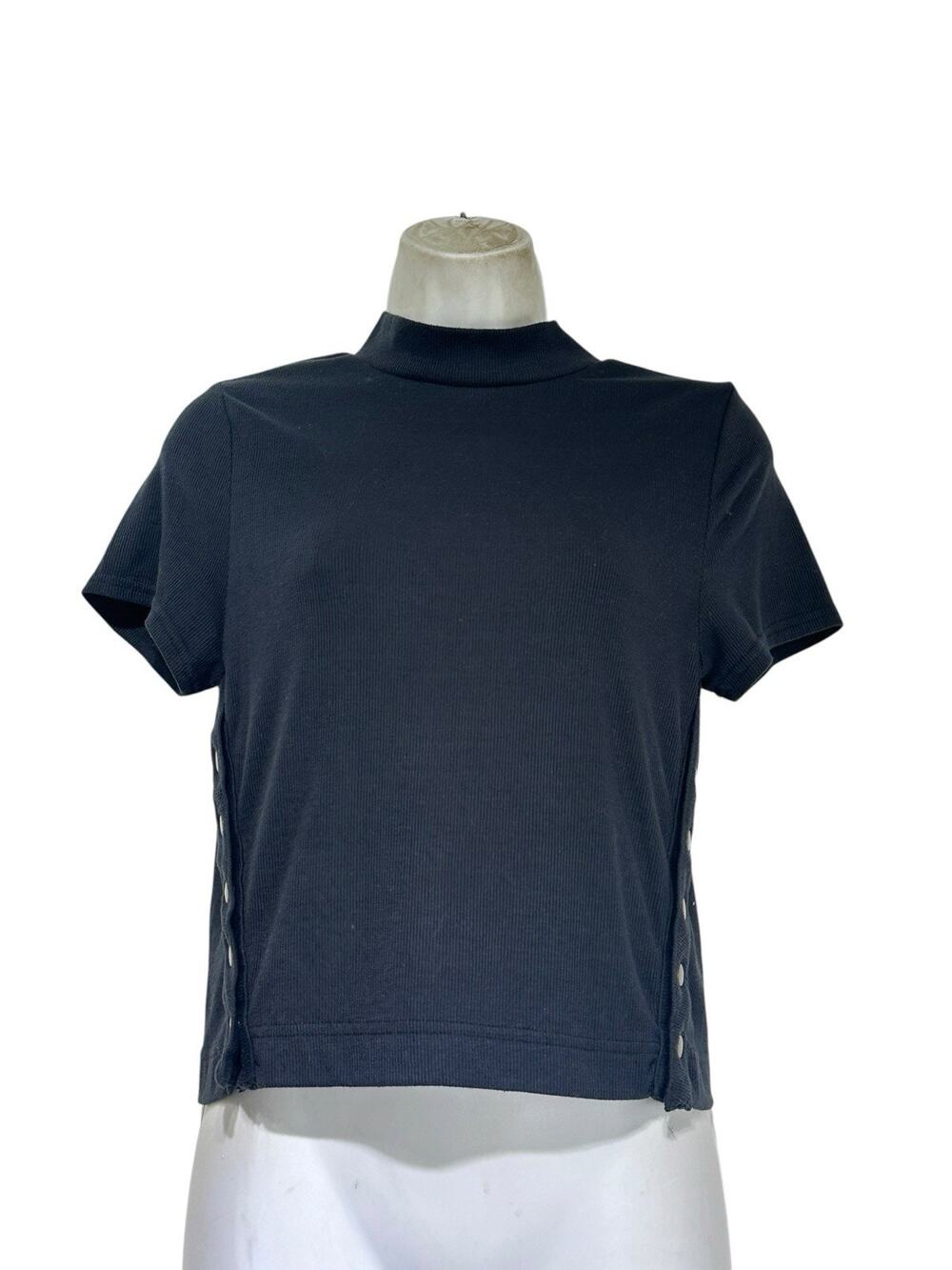 We The Free Women’s Size L Blue Ribbed Mock Neck Side Snap Short Sleeve Top